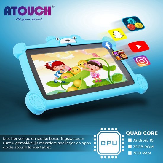 Atouch® Kindertablet met Tablet Hoes 7 Inch – Kinder tablet Android 10.1–  Met Touch... | bol.com