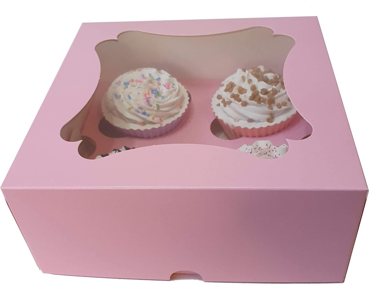 Roze doos voor 4 cupcakes met sierlijk venster (25 stuks)