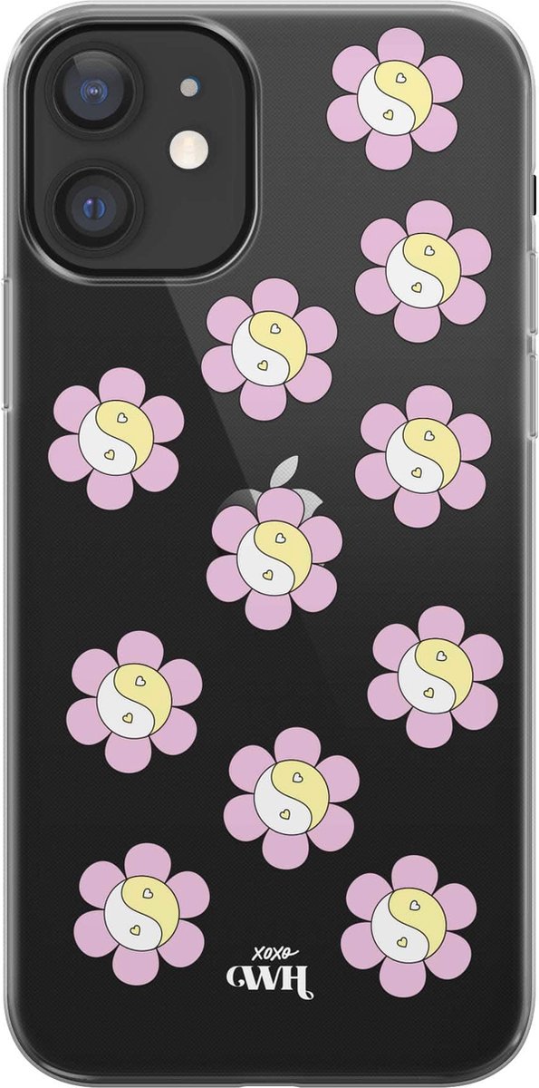 YinYang Flowers Pink - Transparant hoesje geschikt voor iPhone 11 hoesje transparant - Shockproof case met emoji YinYang geschikt voor Apple iPhone 11 - Doorzichtig hoesje met opdruk YinYang