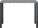 Grijze poly rotan tafel met zwart metalen frame, 113x40x71 cm (lxbxh).
