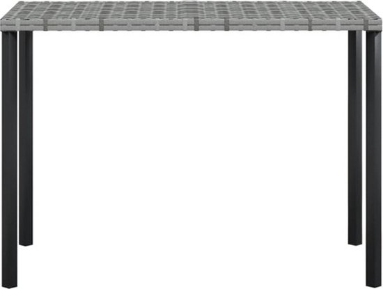 Grijze poly rotan tafel met zwart metalen frame, 113x40x71 cm (lxbxh).