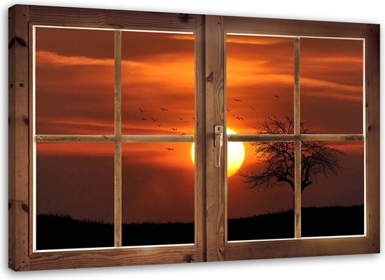 Trend24 - Canvas Schilderij - Window - Sunset - Schilderijen - Landschappen - 60x40x2 cm - Oranje