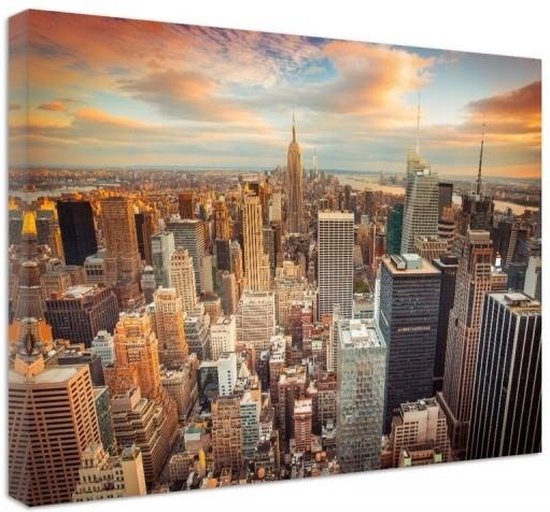 Trend24 - Canvas Schilderij - Zonsondergang Over New York City - Schilderijen - Steden - 60x40x2 cm - Oranje