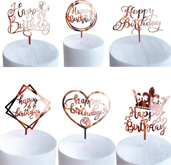 Cake Topper Happy Birthday Versiering Taarttopper Decoratie Rose Goud Verjaardag Versiering Feest Versiering– 6 Stuks