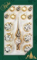 Luxe gouden glazen mini kerstballen en piek set voor mini kerstboom 16-dlg - Kerstversiering/kerstboomversiering goud