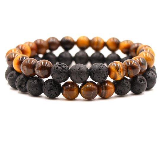 Bixorp Gems Dubbele Natuursteen Armband voor Man & Vrouw - Oranje/Zwart contrast - Edelsteen Armband Cadeau - Lavasteen - 22cm