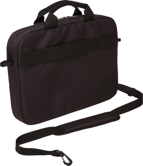 Zwarte laptoptas met handvatten en afneembare schouderband.