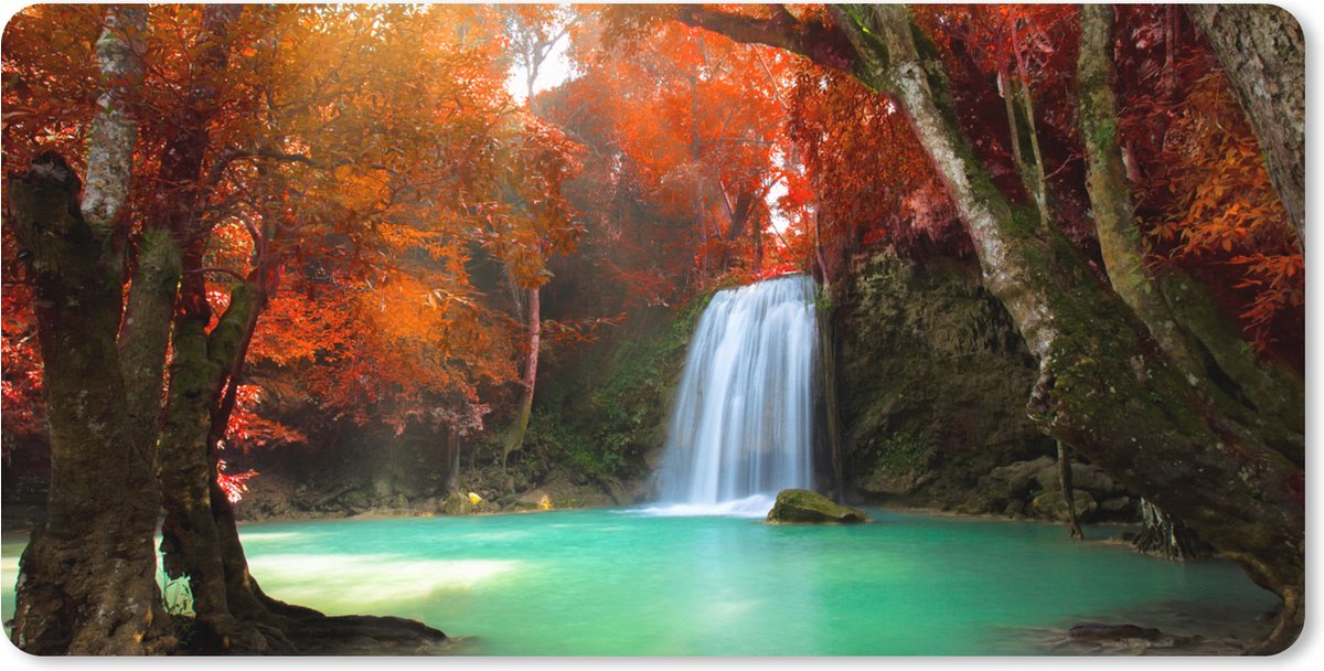 Muismat XXL - Bureau onderlegger - Bureau mat - Herfst - Waterval - Bos - 80x40 cm - XXL muismat