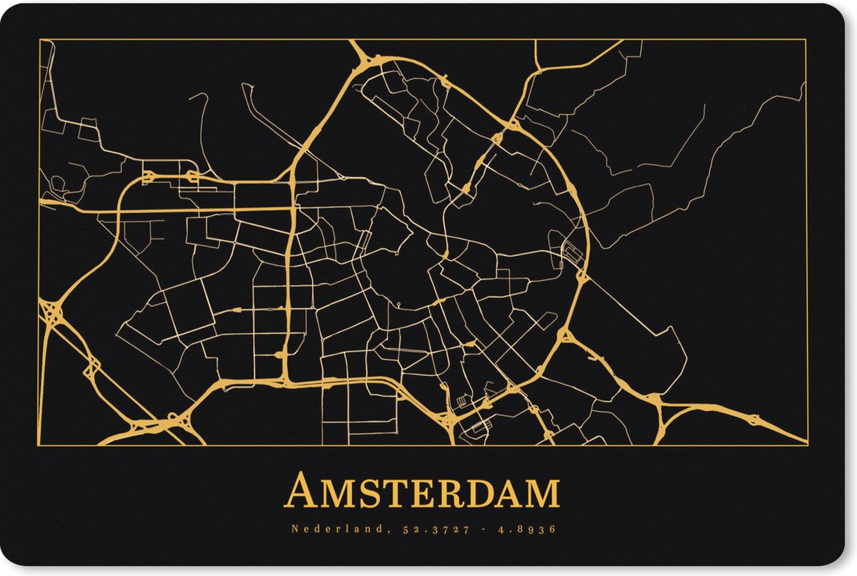 Muismat XXL 90x60 cm - Bureau onderlegger - Bureau mat Kaart - Amsterdam - Goud - Zwart - Bureaumat - Gaming mousepad xl - Bureaulegger groot - Computer deskmat