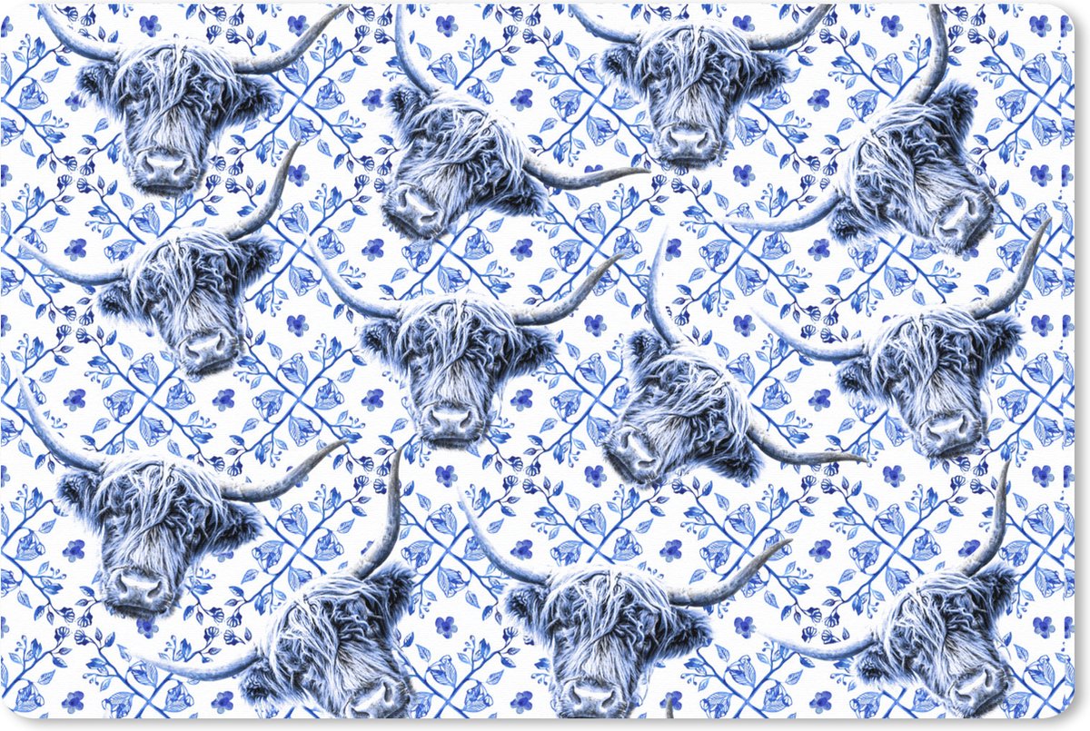 Muismat XXL 90x60 cm - Bureau onderlegger - Bureau mat Schotse hooglander - Delfts blauw - Patroon - Bureaumat - Gaming mousepad xl - Bureaulegger groot - Computer deskmat