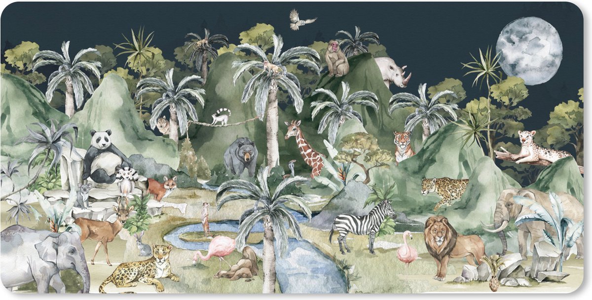 Muismat XXL 90x45 cm - Bureau onderlegger - Bureau mat Kinderen - Jungle - Natuur - Dieren - Planten - Bureaumat - Gaming mousepad xl - Bureaulegger groot - Computer deskmat