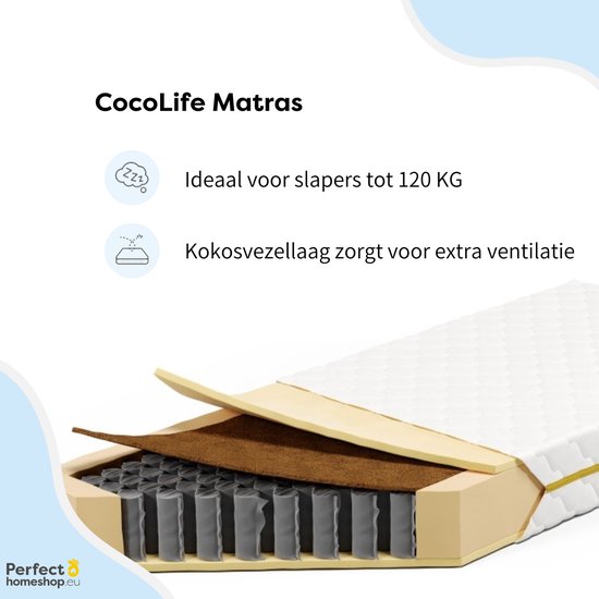 Pocketvering Matras tot 120 kg 160 x 200 cm – 7 Comfort Zones & Cocomat – Koudschuim – Pocketveren Matras Met Wasbare Tijk – Coco Life - Merkloos