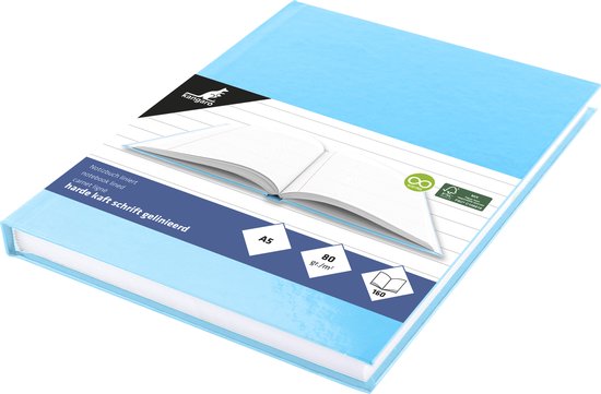 Blauw A5 Kangaro notitieboek, gelijnd, 160 pagina's, 80 grams, harde kaft.