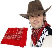 Cowboy verkleed set Cowboyhoed bruin suede look met rode western zakdoek