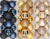 42x stuks kleine kunststof kerstballen goud, champagne en donkerblauw 3 cm - Kerstversiering