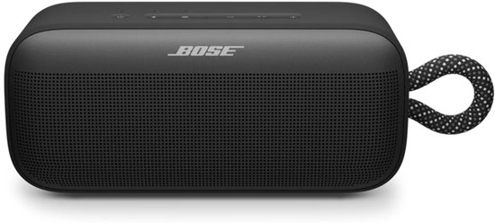 Zwarte Bose SoundLink Plus draagbare speaker met een grijze en zwarte touwlus, gefotografeerd vanaf de voorkant.