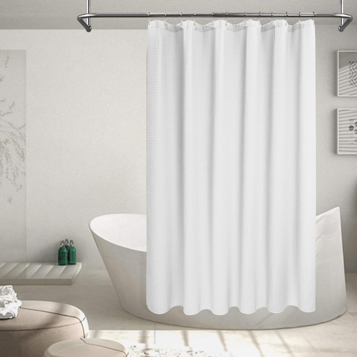 Wafelweefsel Douchegordijn - Douchegordijn - Raamgordijn - Stoffen douchegordijn voor badkamer - Verhoogde stof - Waterdicht - Wasbaar - Geschikt voor badkamer, slaapkamer - Wit - 180 × 180 CM