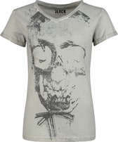 Dames t-shirt met v-hals en korte, omgeslagen mouwen, met een grijze doodshoofdprint op de voorkant.