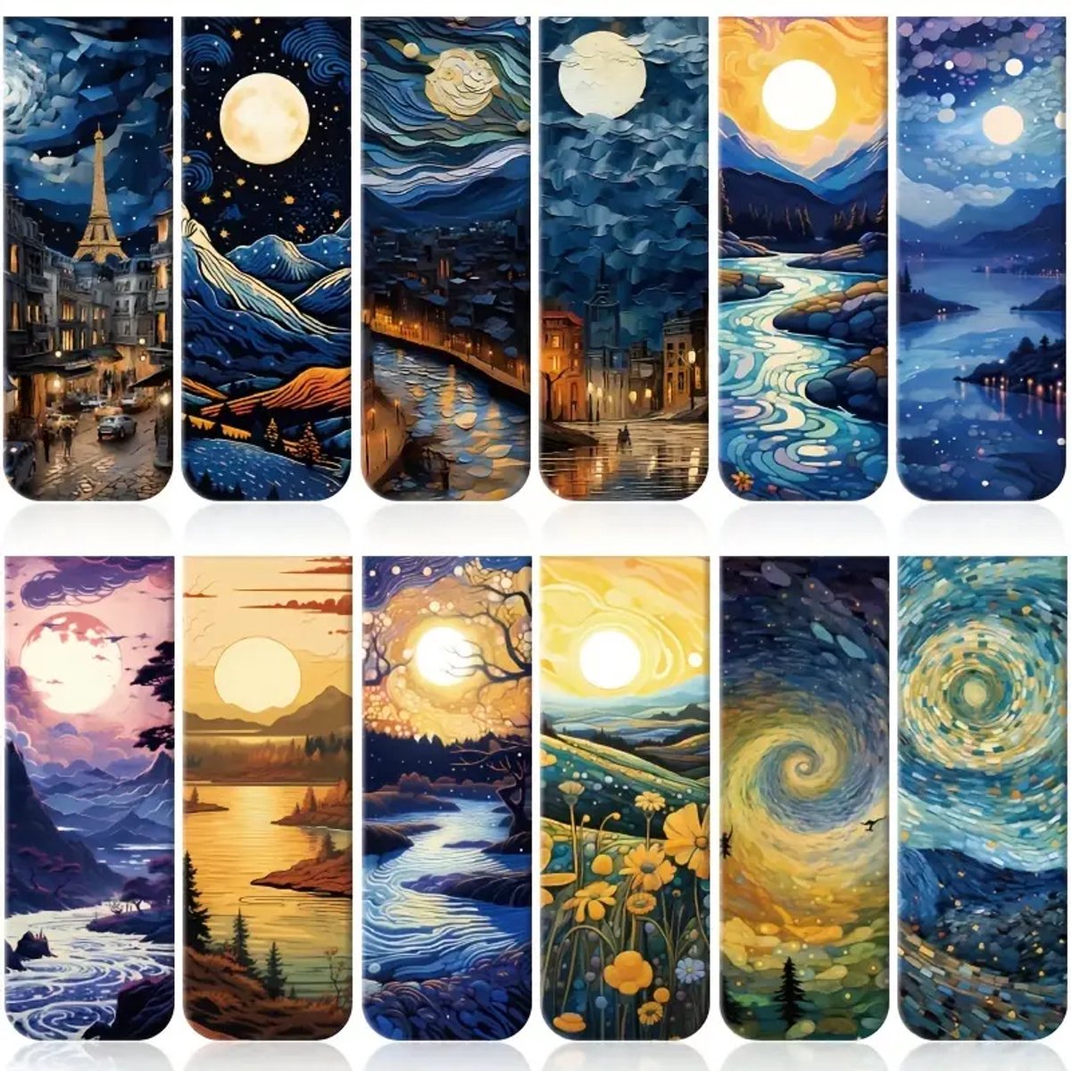 12x Magnetische Boekenleggers met Zonsondergang Landschappen – Kleurrijke Pagina Clips met Olieverfschilderij Design voor Lezers, Studenten, Leraren en Kantoorgebruik