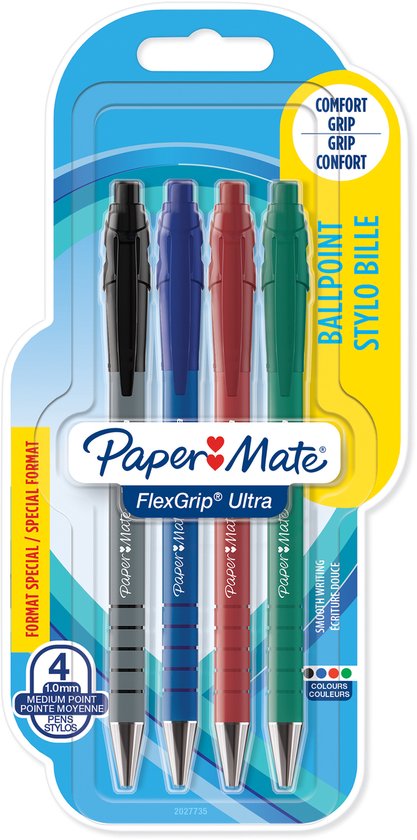 Paper Mate Flexgrip Ultra-balpennen met drukknop | Medium punt (1,0 mm) | Diverse kleuren | 4 stuks