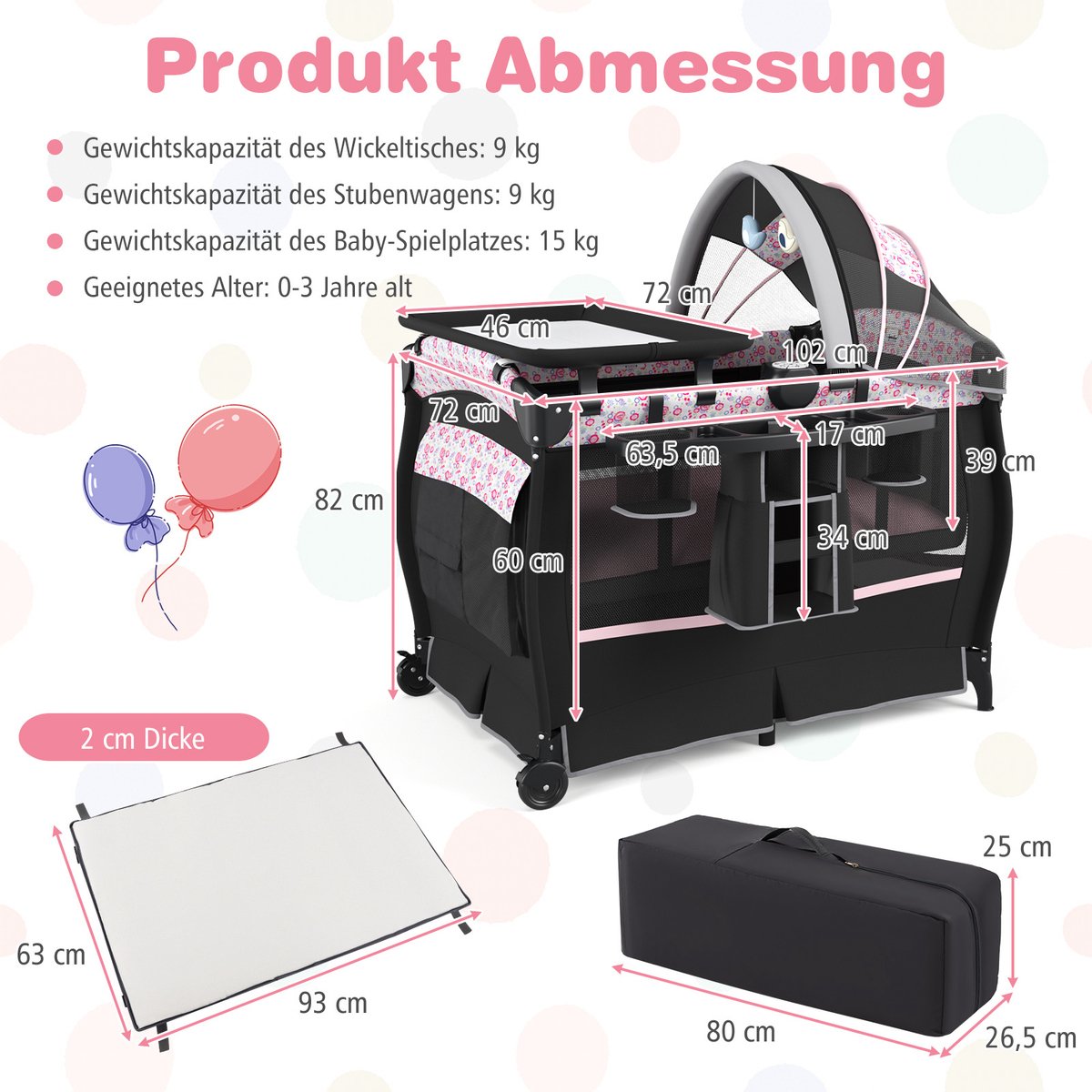 COSTWAY 5-in-1 reisbed met matras, bijzetbed inklapbaar met verstelbare luifel, babybed met aankleedkussen, muziekdoos en draagtas, kinderreisbed tot 15 kg belastbaar (roze bloemen) thumbnail 3