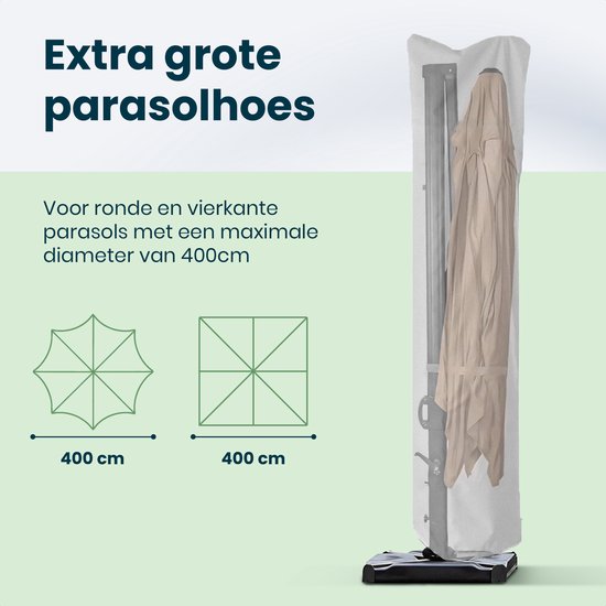Zwarte parasol in transparante hoes, staand op een voet. Afmetingen 400cm rond en vierkant.