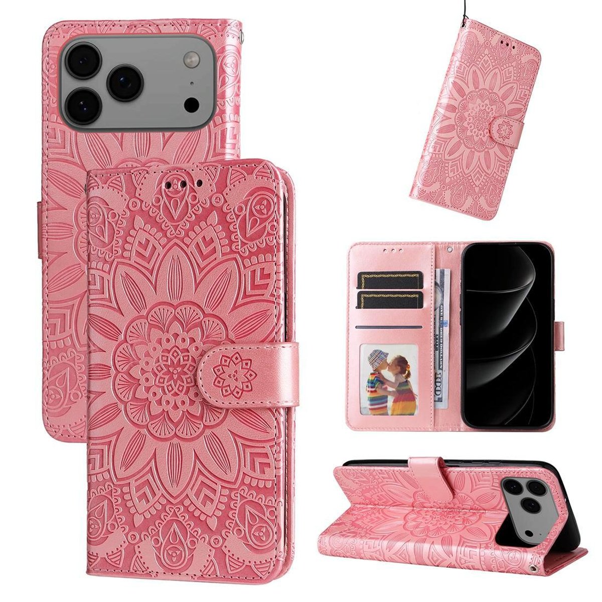 Mobigear Telefoonhoesje geschikt voor Apple iPhone 17 Pro Max Hoesje | Mobigear Sunflower Bookcase Portemonnee | Pasjeshouder voor 3 Pasjes | Telefoonhoesje voor Pinpas / OV Kaart / Rijbewijs - Roze