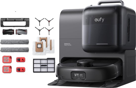 eufy Robotstofzuiger Omni E28 met Vervangingssets, draagbare dieptereiniger, HydroJet systeem, 20.000 Pa zuigkracht, DuoSpiral ontklittende borstels, CornerRover arm, alles-in-één station