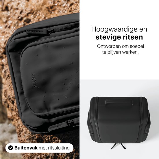 ONYX Toilettas Zwart - Make Up Tasje - Cosmetica Organizer - Interne Organizers - Beautycase & Make-Up Spiegel - Toiletzak Hangbaar met Haak - Dames en Heren - Maat: L