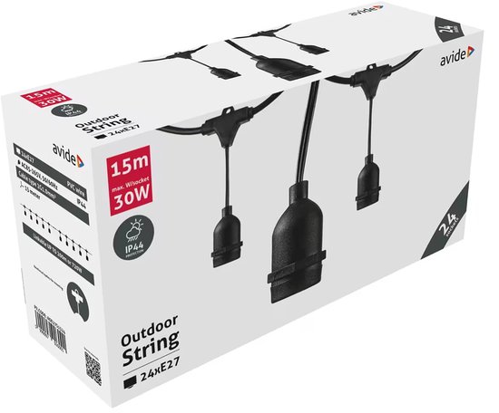 Avide Cordon Lumineux 15 Mètres - Extérieur et Intérieur - 24x Douillles E27 - IP44 - AC85-265V - Adapté aux Bateaux