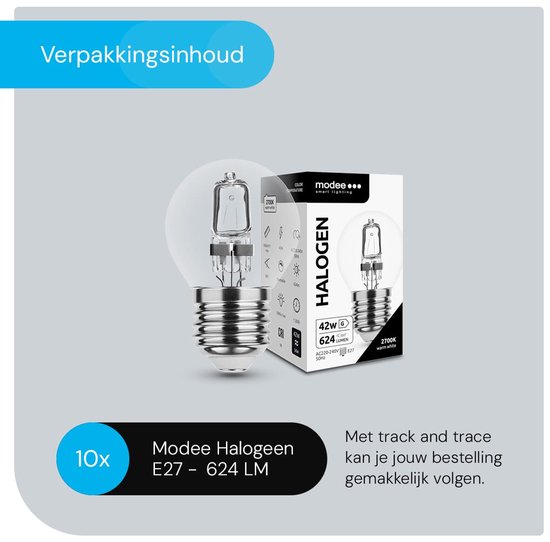 Doos met tien transparante Modee halogeenlampen E27, 42W, 624 LM, 2700K warm wit.