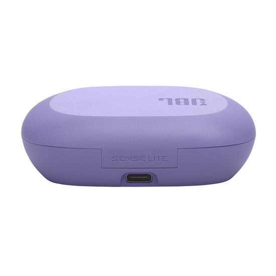 Paarse oplaadcase voor JBL Sense Lite oordopjes, met USB-C poort aan de achterkant.
