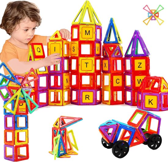 Magnetisch Bouwstenen Speelgoed Set – 124-delig – Educatieve Magnetische Tegels – Bouwblokken voor Kinderen – Inclusief Wielen, Cijferkaarten en Reuzenrad – Creatieve Constructies – STEM Speelgoed – Kleurrijke Magneten – Vanaf 3 Jaar