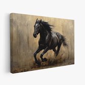 FineArtia - Zwart paard in volle galop - Canvas Schilderij - 90 x 60 cm - Woonkamer Decoratie - Bruin;Zwart - Slaapkamer Schilderij - Wanddecoratie