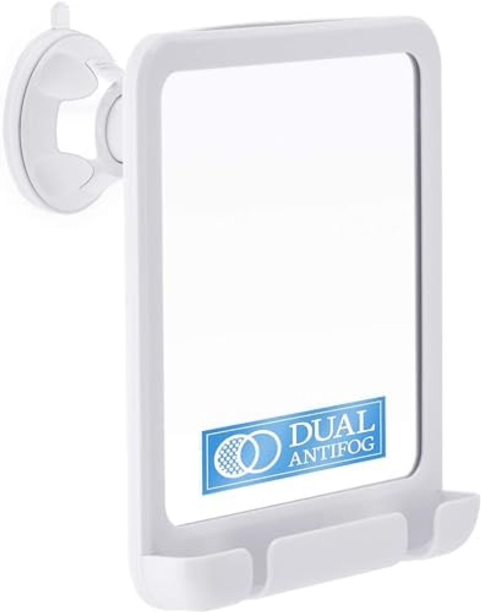 Badkamer Douche Spiegel met Zuignap en Scheermeshouder, Onbreekbare Anti-Condens Scheerspiegel met 360° Rotatie, 20 x 18 cm (wit)