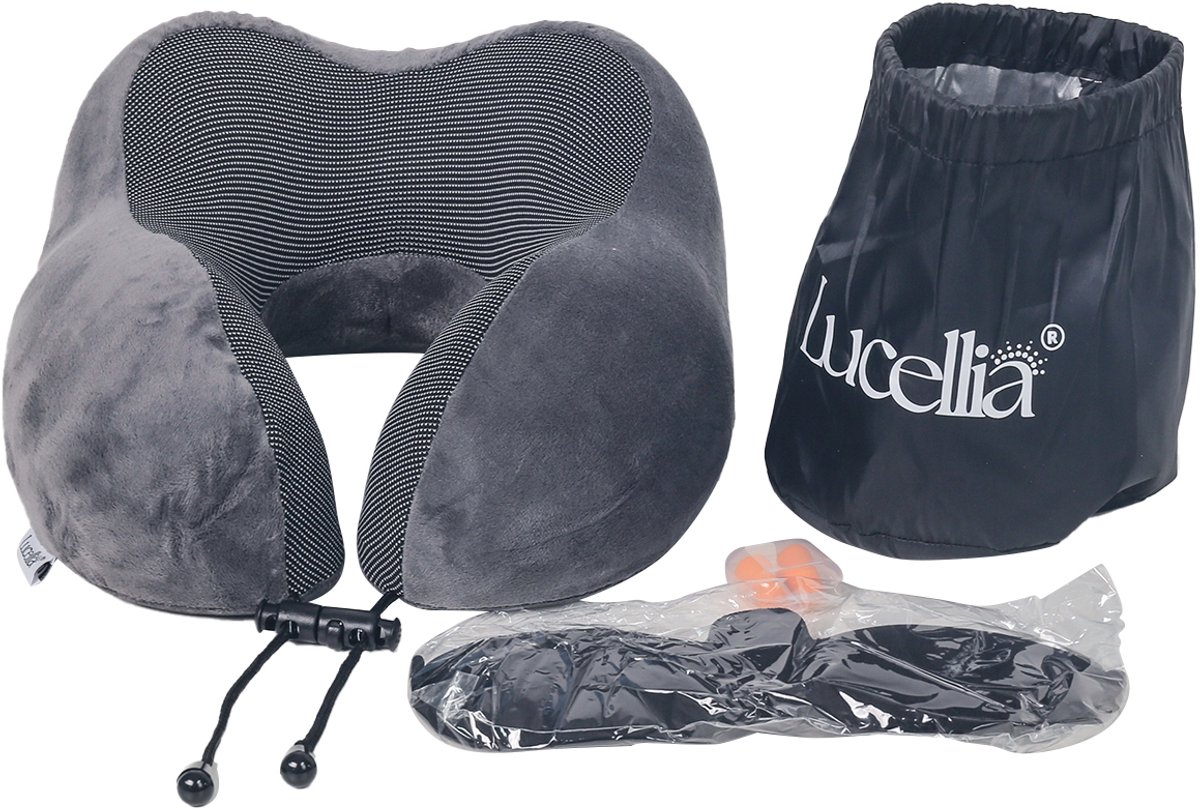 Lucellia® Nekkussen Vliegtuig & Auto - 3-in-1 Reiskussen van Traagschuim (Memory Foam) – Inclusief Slaapmasker & Oordopjes – Zwart