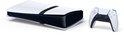 PlayStation 5 Pro console, liggend, met DualSense controller, in wit met zwarte accenten.
