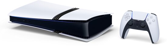 PlayStation 5 Pro console, liggend, met DualSense controller, in wit met zwarte accenten.