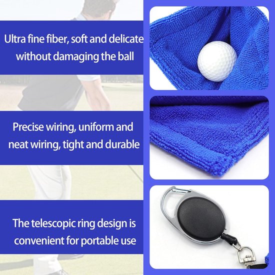 3 stuks - Golfbal Handdoek - Golftas Amfibie Handdoeken - met intrekbare gesp - Zachte en delicate golfhanddoek - Duurzame golfclubreiniger - voor fitness, buitensporten - 12*12 cm - zwart, blauw en grijs van Merkloos — afbeelding 2