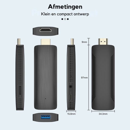 Technische tekening van de zwarte TV Stick met afmetingen: 97mm x 34.3mm x 15.8mm.