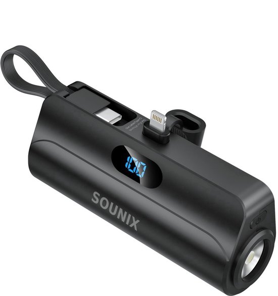 Sounix mini powerbank – 5.000 mAh – zaklamp – zwart