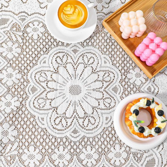 AOZUO Square Lace Tablecloth 90x90cm French Decorative Lace Tablecloth Floral Pattern Small Table Cloth Tablecloth for Dining Kitchen Camping White(A) van Merkloos	 — afbeelding 2