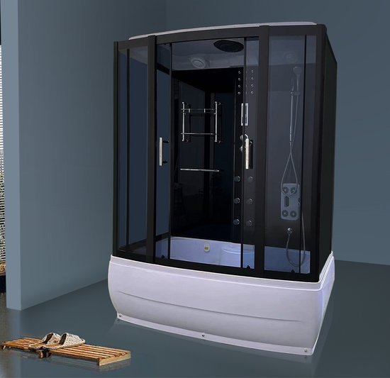 Stoomcabine met massagebad - 170x85x220 cm - Wit bad met zwarte cabine