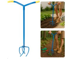 Cheqo® Tuinklauw met Lange Steel – Woelvork 95 cm – Grond Losmaken & Beluchten – Onkruidtrekker – Ergonomisch Tuin Gereedschap – 4 Tanden – Rugvriendelijk – Staal & Kunststof – Cultivator voor Hoveniers