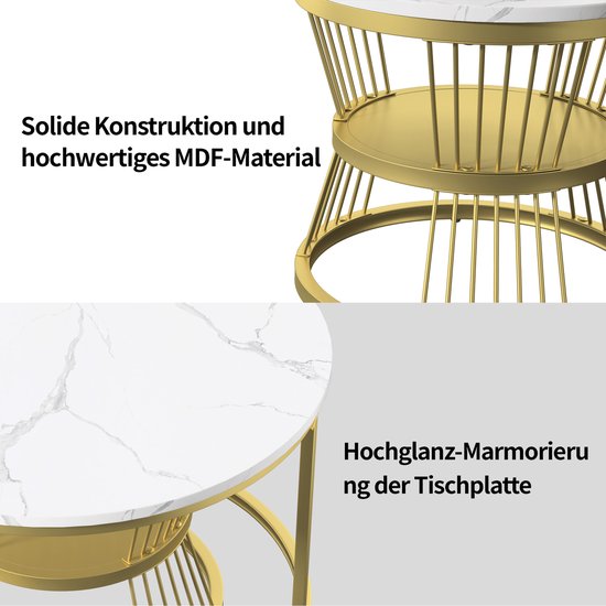 Table basse ronde (2 pièces), 70x45,5 cm, 45x40 cm, table avec plateau blanc et support de pied doré, ensemble de 2 tables basses rondes intégrées dans le côté du canapé (plateau blanc + pied doré)