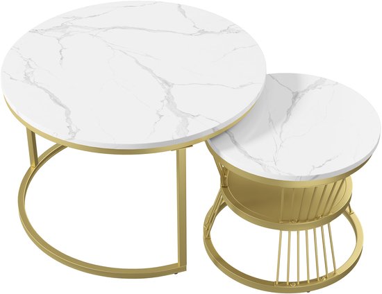 Table basse ronde (2 pièces), 70x45,5 cm, 45x40 cm, table avec plateau blanc et support de pied doré, ensemble de 2 tables basses rondes intégrées dans le côté du canapé (plateau blanc + pied doré)