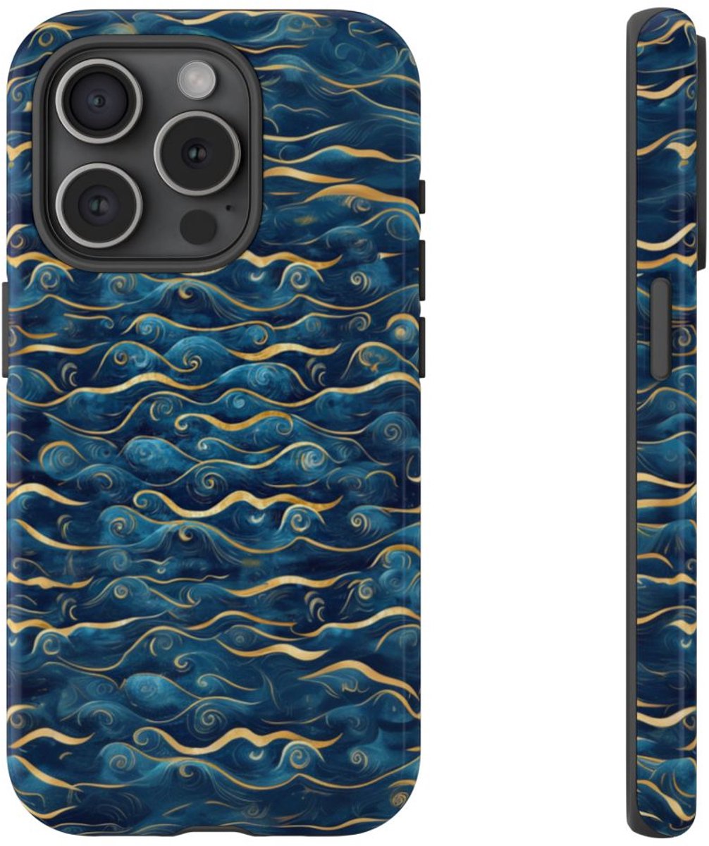 Blauw-Gouden Golfpatroon – Glanzend Stevig Telefoonhoesje Geschikt voor iPhone 15 Pro