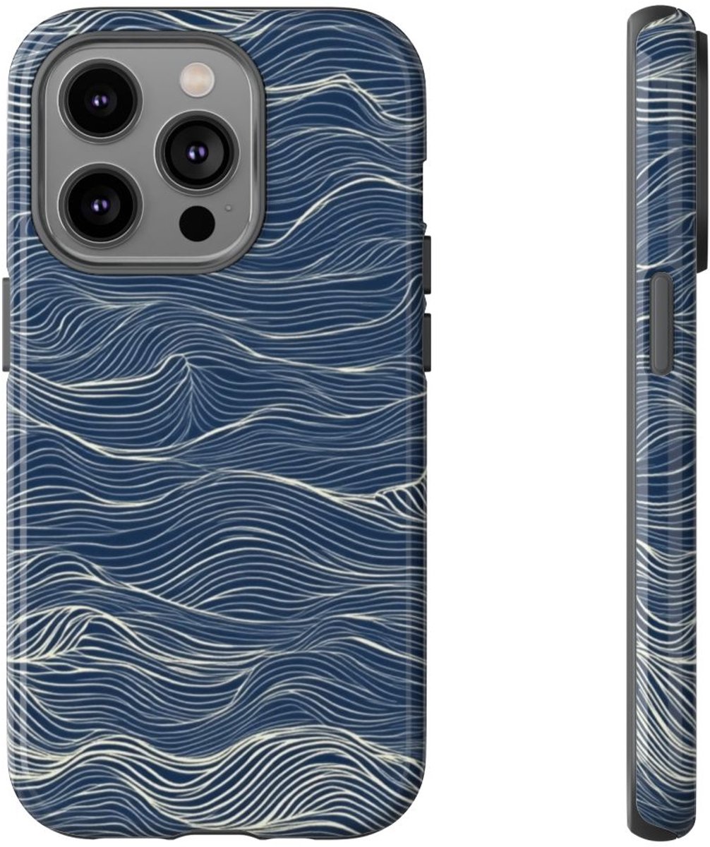 Donkerblauw Golvenlijnpatroon – Telefoonhoesje Geschikt voor iPhone 14 Pro