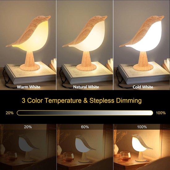 Rosnek Vogel Slaaplamp - Draadloze Nachtlamp met Touchbediening - Dimbare - 3 Kleuren & USB Oplaadbaar - Bedlamp - Nachtlampje baby - Sfeerverlichting voor Slaapkamer, Bureau van Rosnek — afbeelding 4