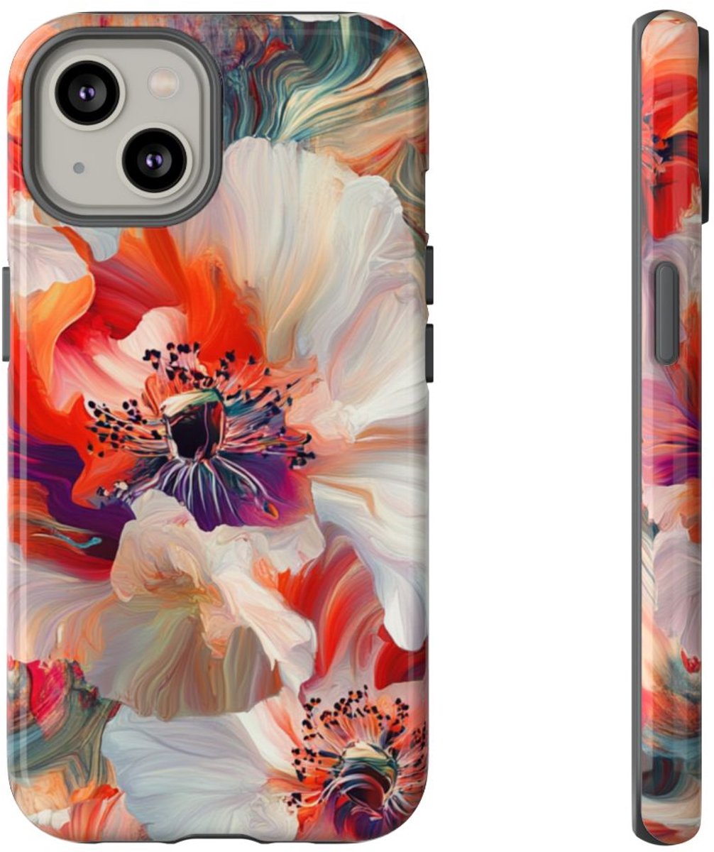 Abstracte Bloemmotieven in Rood en Wit – Telefoonhoesje Geschikt voor iPhone 14
